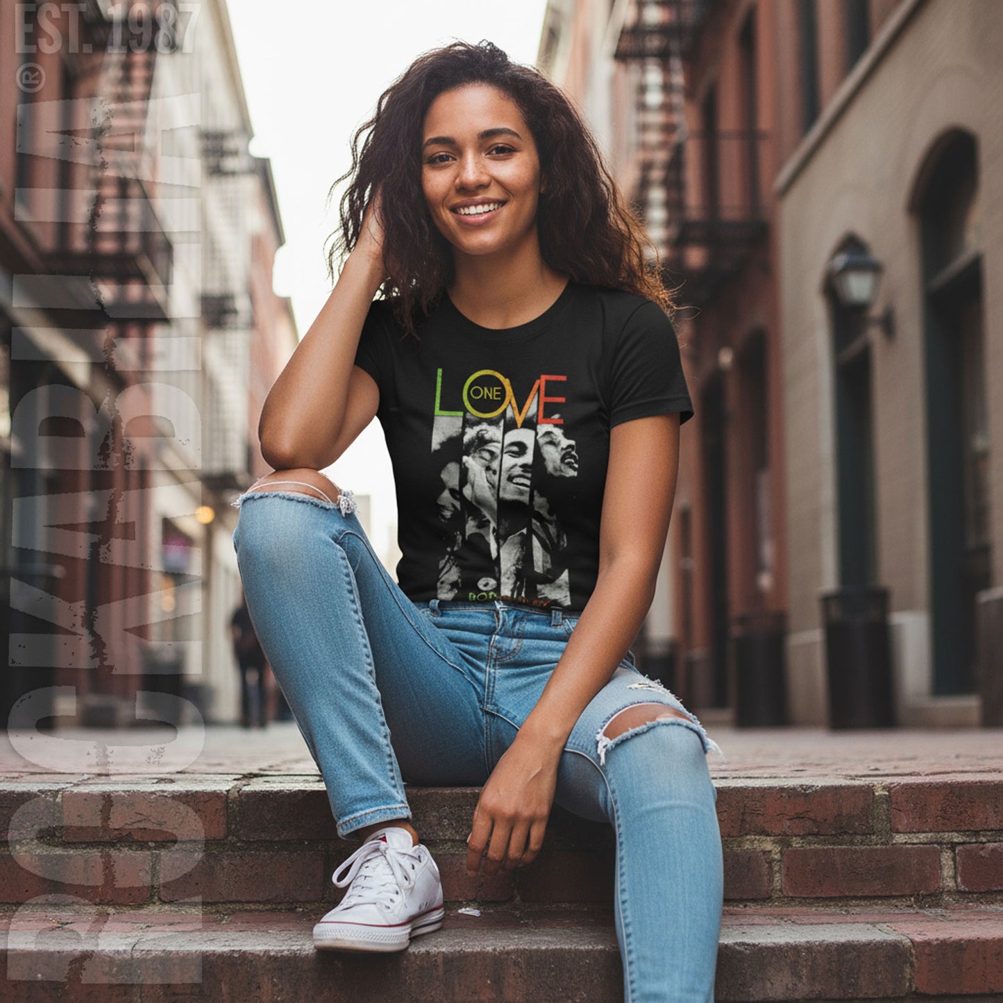 Bob Marley One Love Stripes Women's Tee Junior Top Alt 2