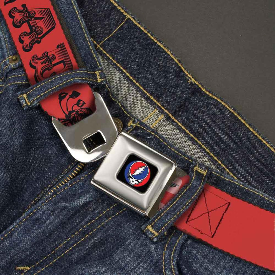 Grateful Dead Text With Skull & Roses Red Seatbelt Buckle Belt Back