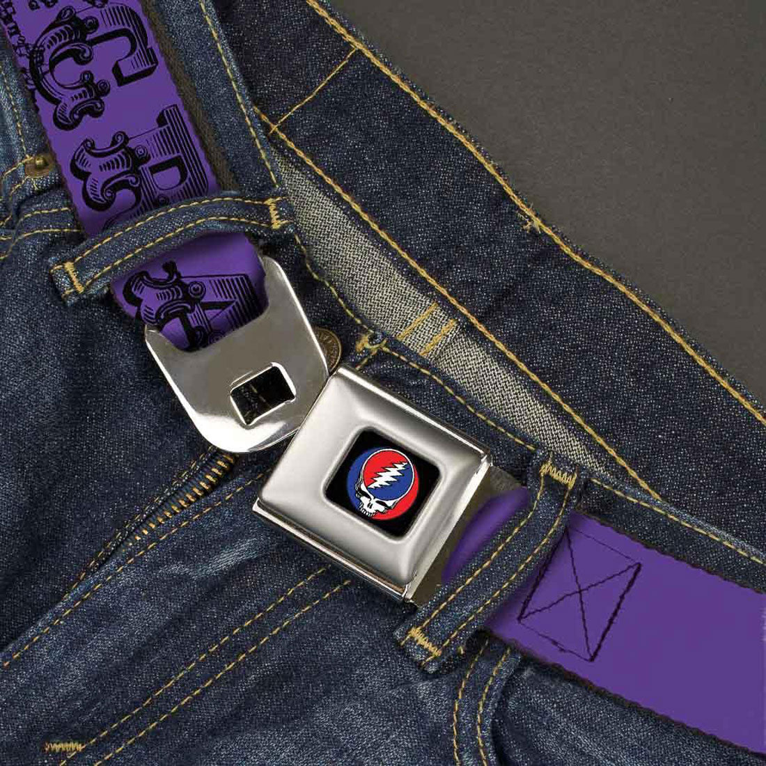 Grateful Dead Text With Skull & Roses Purple Seatbelt Buckle Belt Back