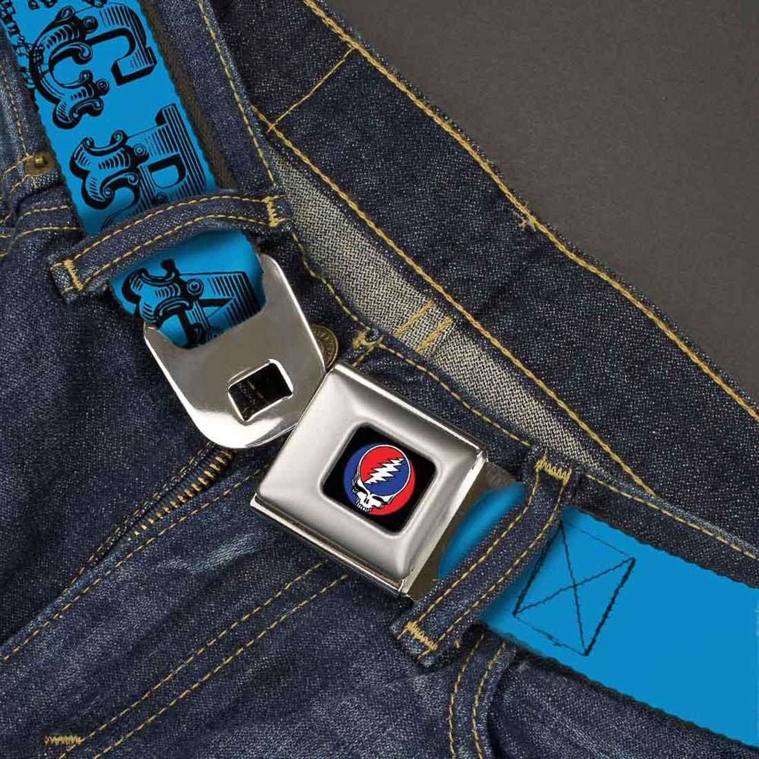 Grateful Dead Text With Skull & Roses Turquoise Seatbelt Buckle Belt