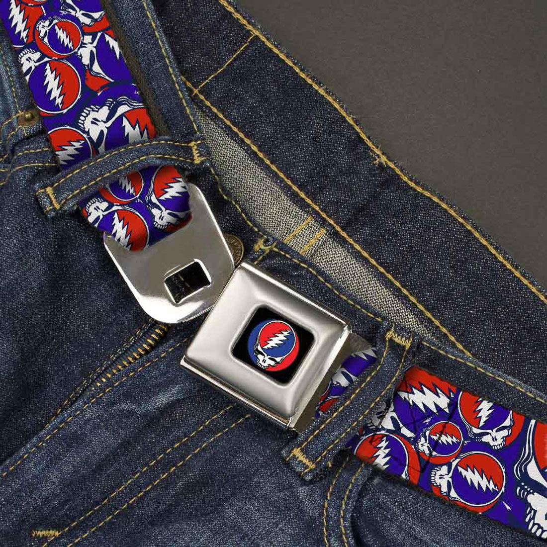 Grateful Dead Steal Your Face Stacked Seatbelt Buckle Belt Back