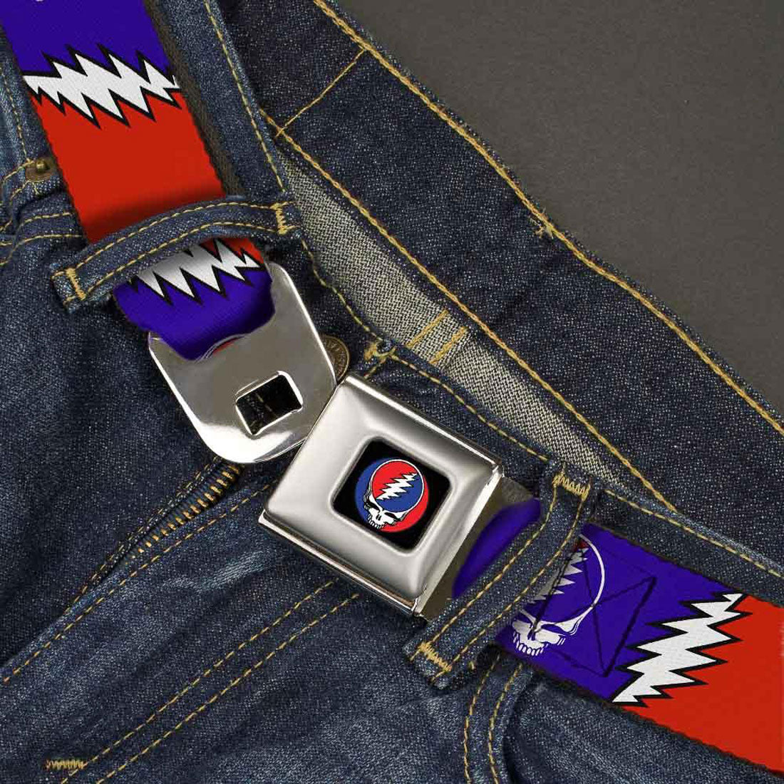 Grateful Dead Steal Your Face With Lightning Bolt Repeat Red Seatbelt Buckle Belt Back