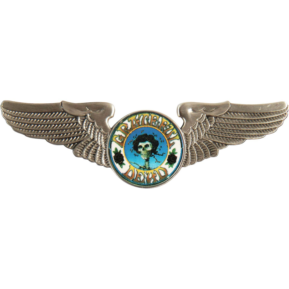 Grateful Dead Skull & Roses Rockwings Large Pewter Pin Badge Front