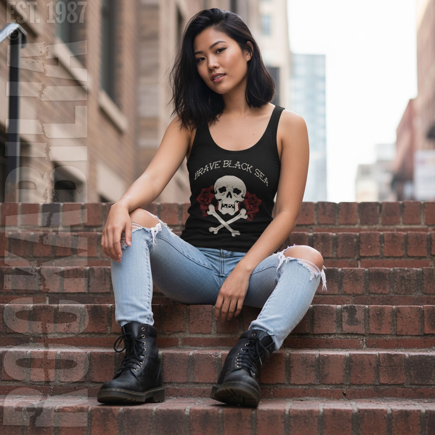 Brave Black Sea Skull Roses Womens Tank Alt 2