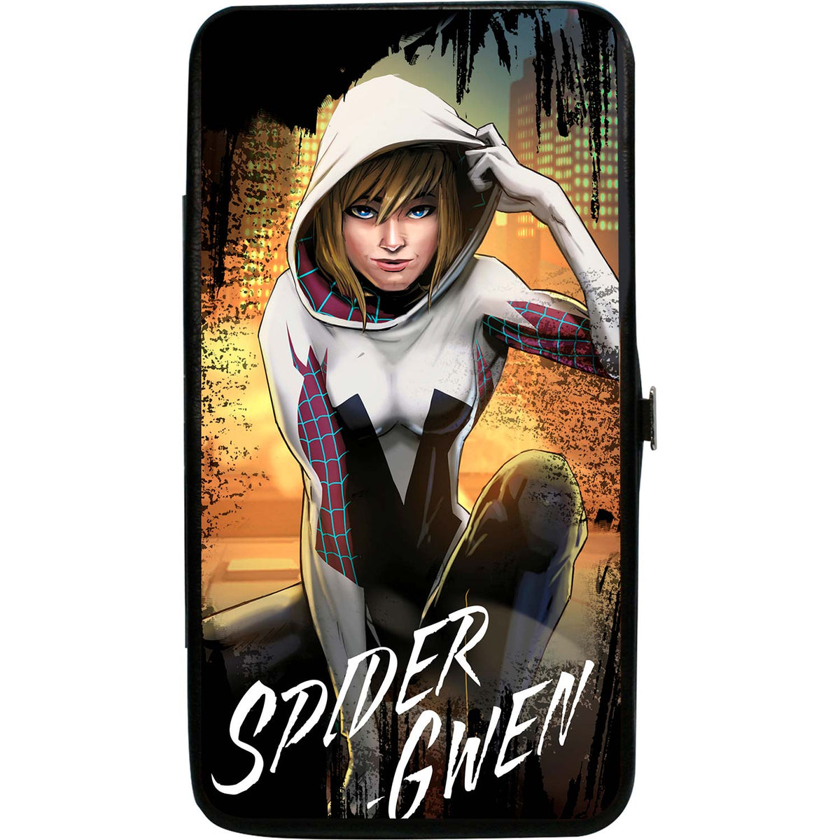 Marvel Comics Spider-Gwen Crouching Pose/Buildings Splatter Black/White Girls Wallet Back