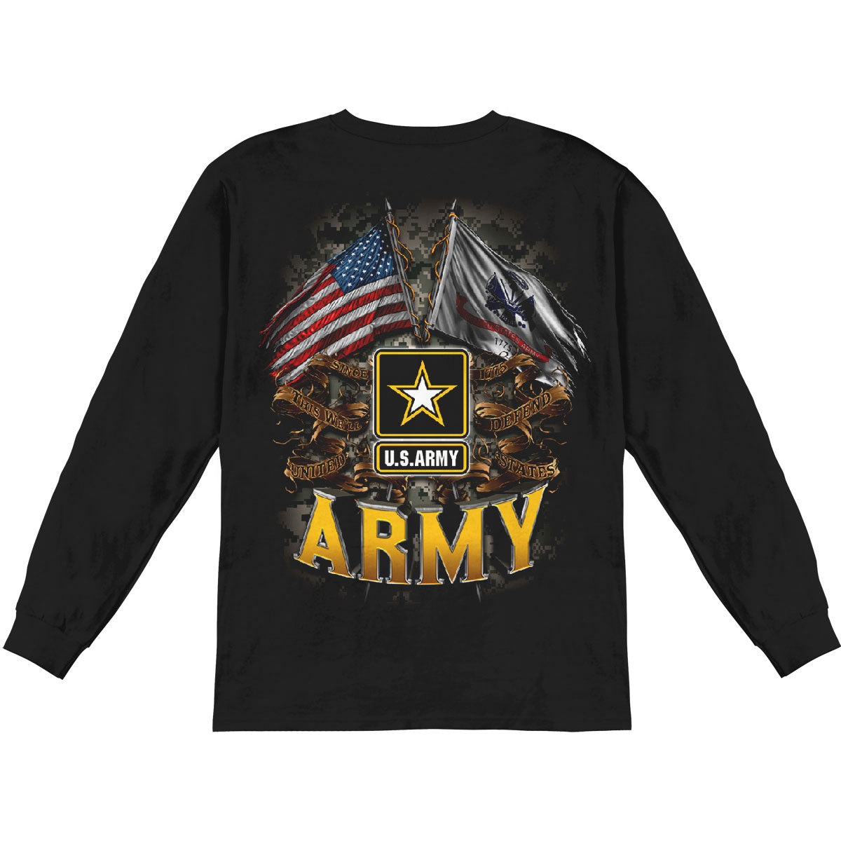 Novelty Army Double Flag US Army Black Long Sleeve Back