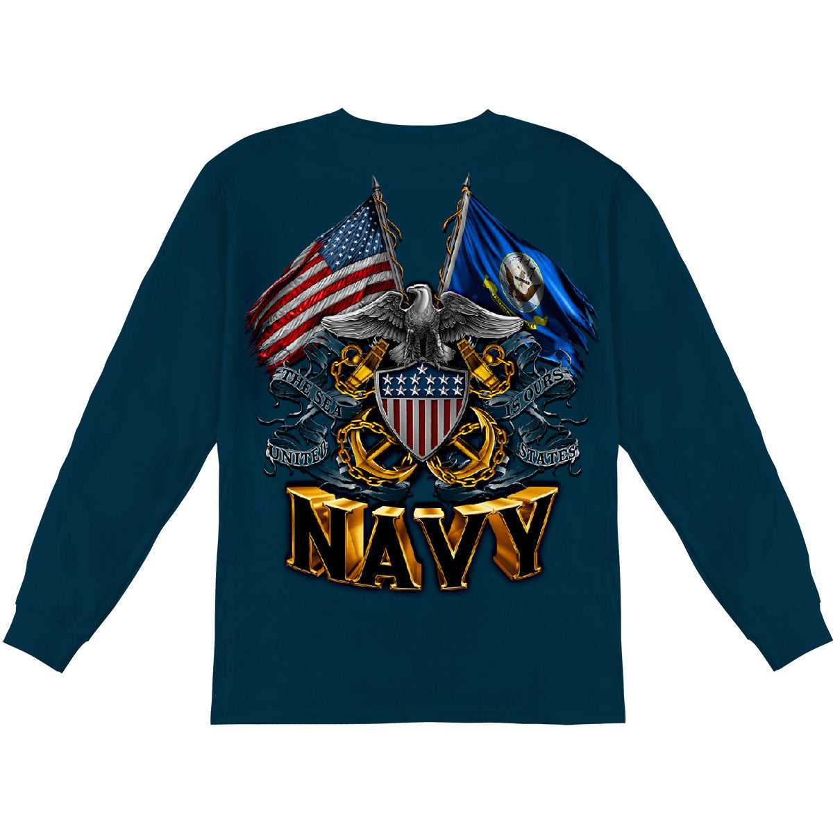 Novelty Double Flag Eagle Navy Shield Long Sleeve Back