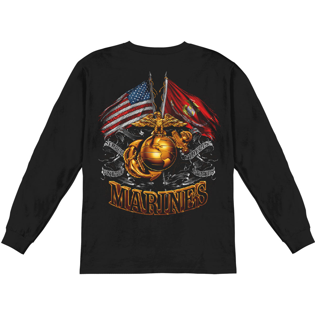 Novelty Double Flag Gold Globe Marine Corps Long Sleeve Back