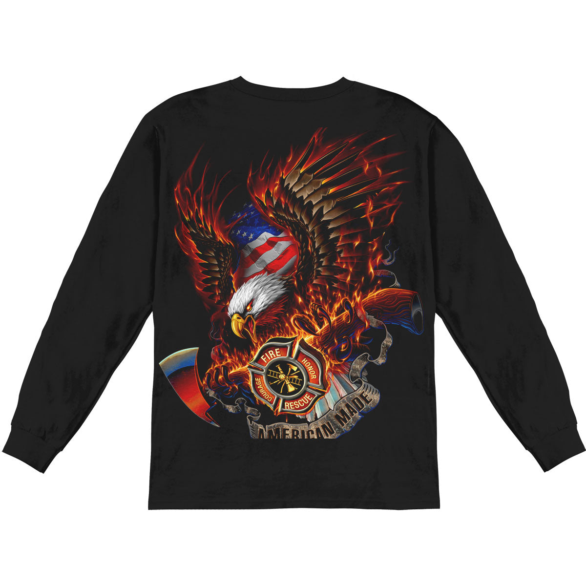 Novelty Patriotic Fire Eagle American Made Long Sleeve Back