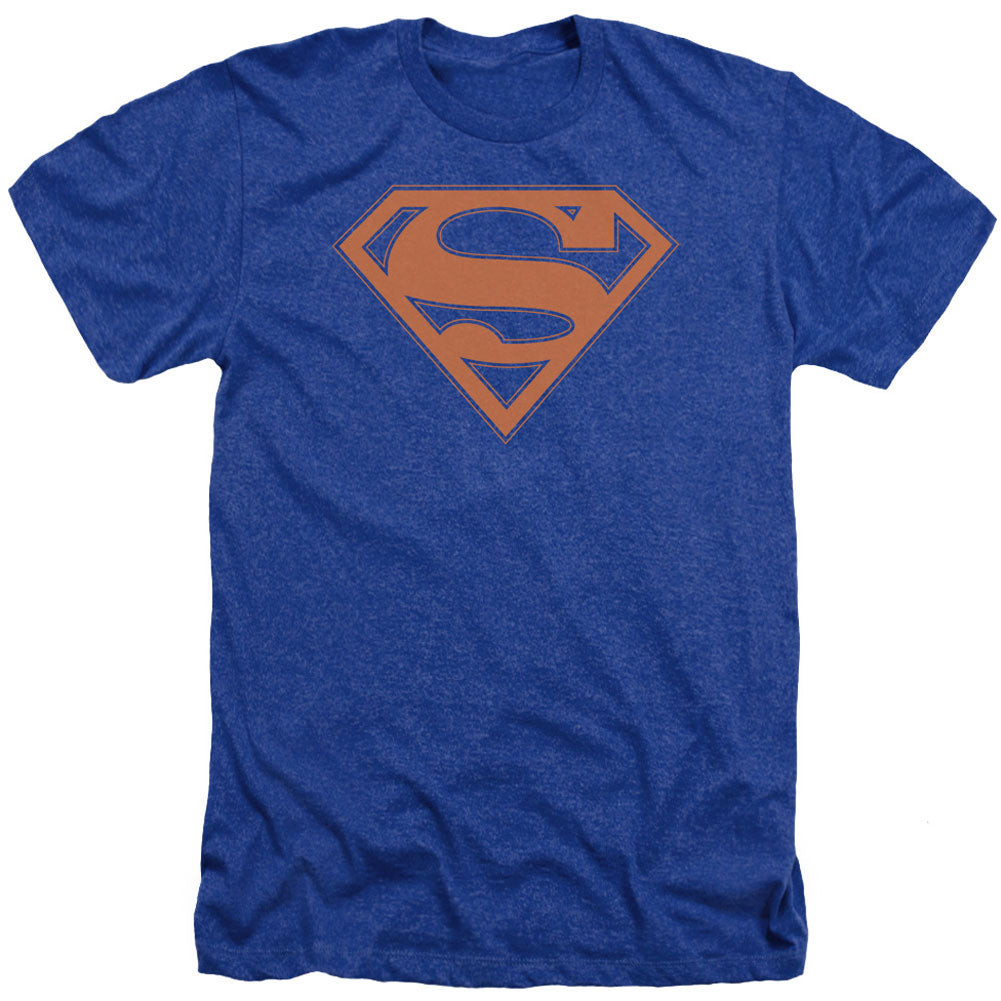 Superman Blue & Orange Shield Adult Heather 40% Poly T-shirt Front