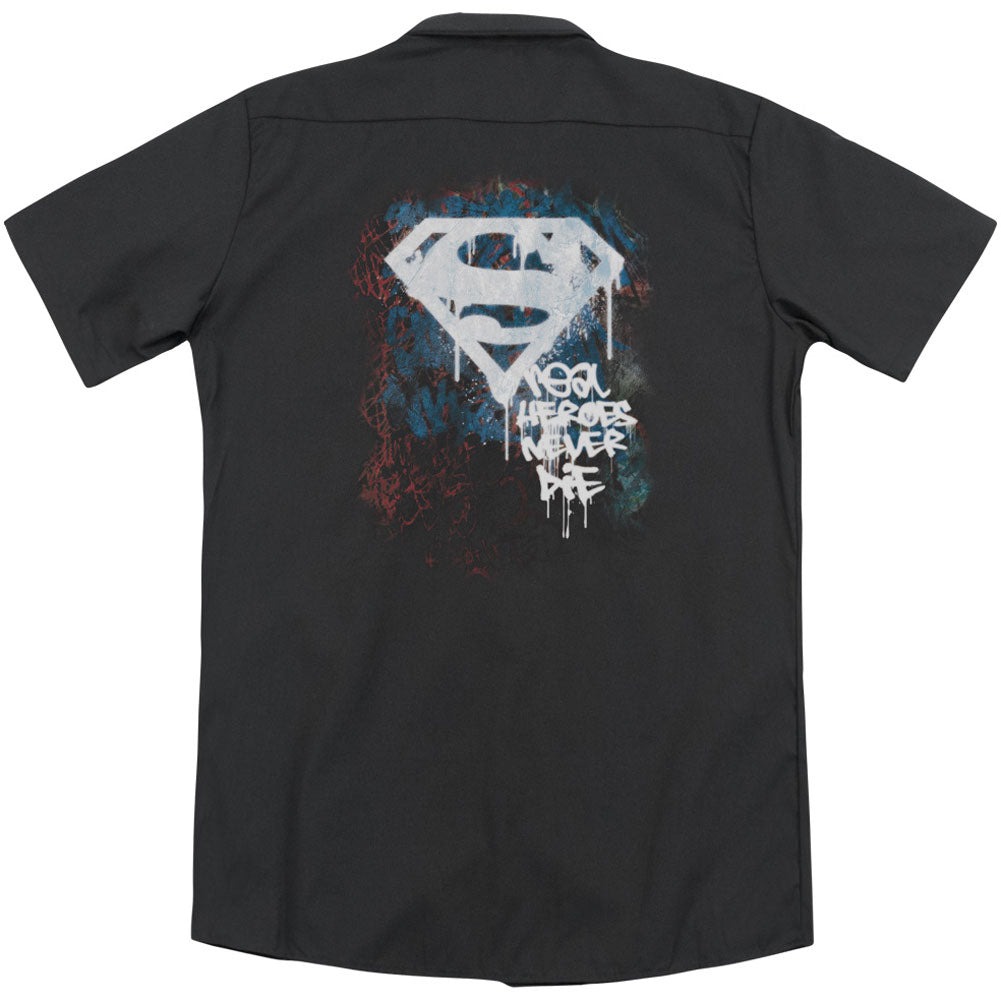 Superman Real Heroes Never Die (Back Print) Workshirt Back