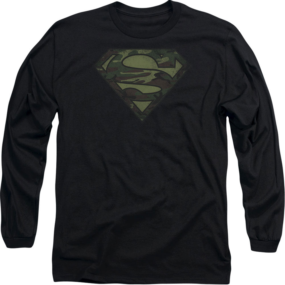 Superman Camo Logo Distressed Long Sleeve Front