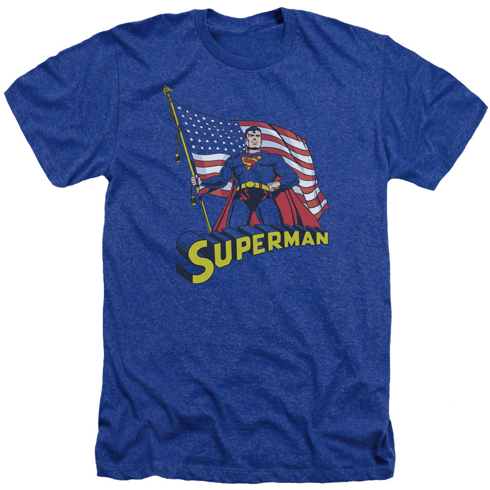 Superman American Flag Adult Heather 40% Poly T-shirt Front