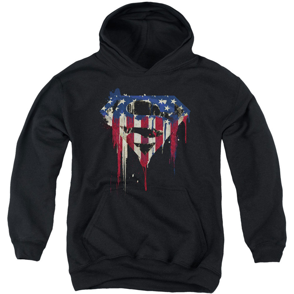 Superman Bleeding Shield Youth 50% Poly Hooded Sweatshirt Front