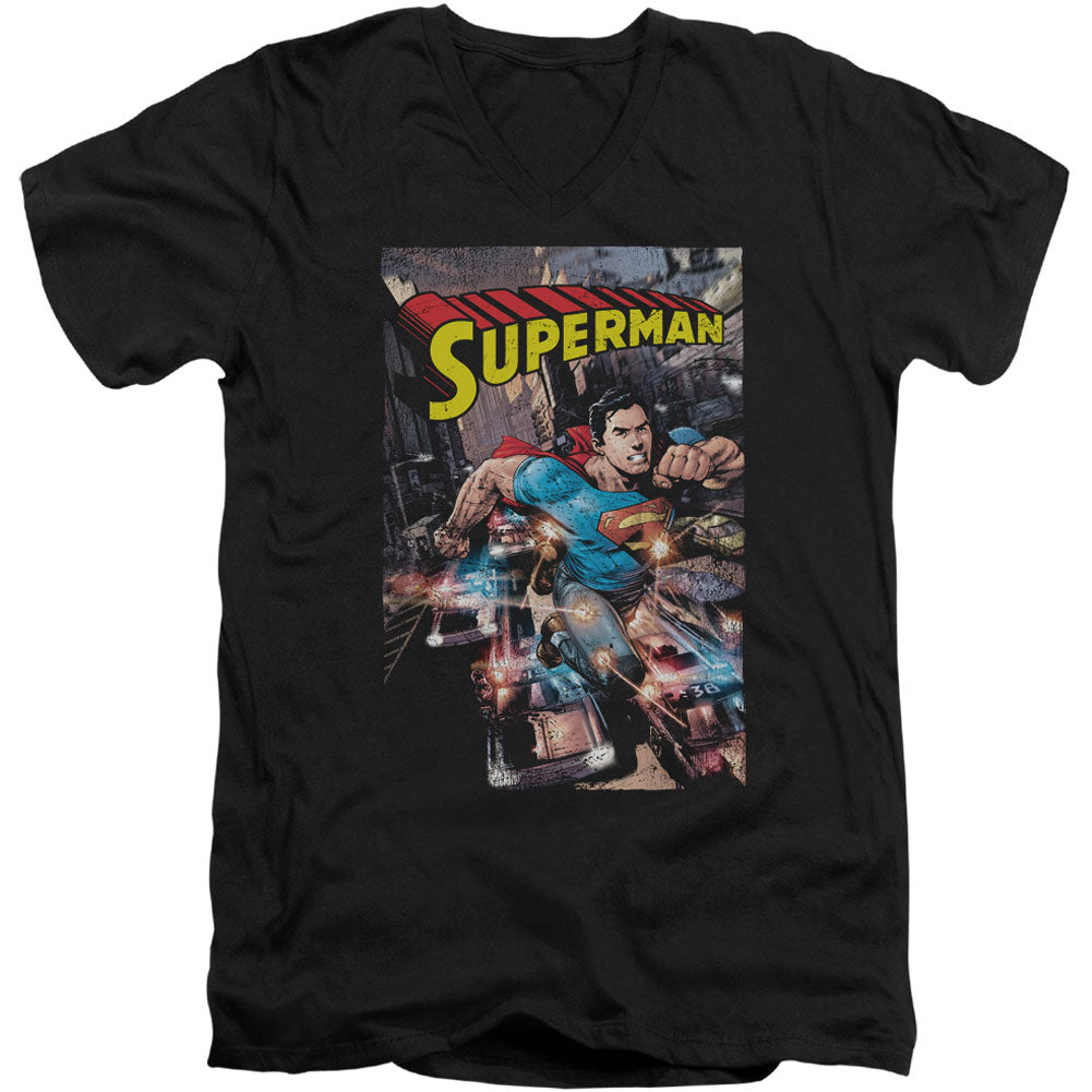Superman Action One Adult V-Neck Slim Fit T-shirt Front
