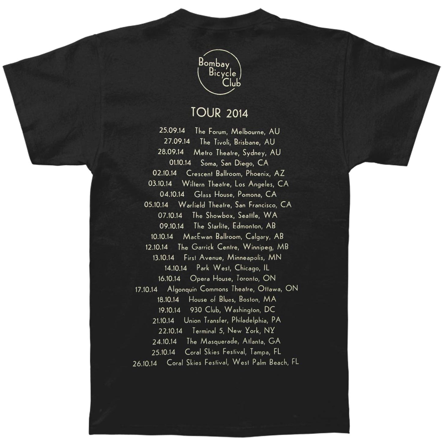 Bombay Bicycle Club Moon Phases 2014 World Tour T-shirt Back
