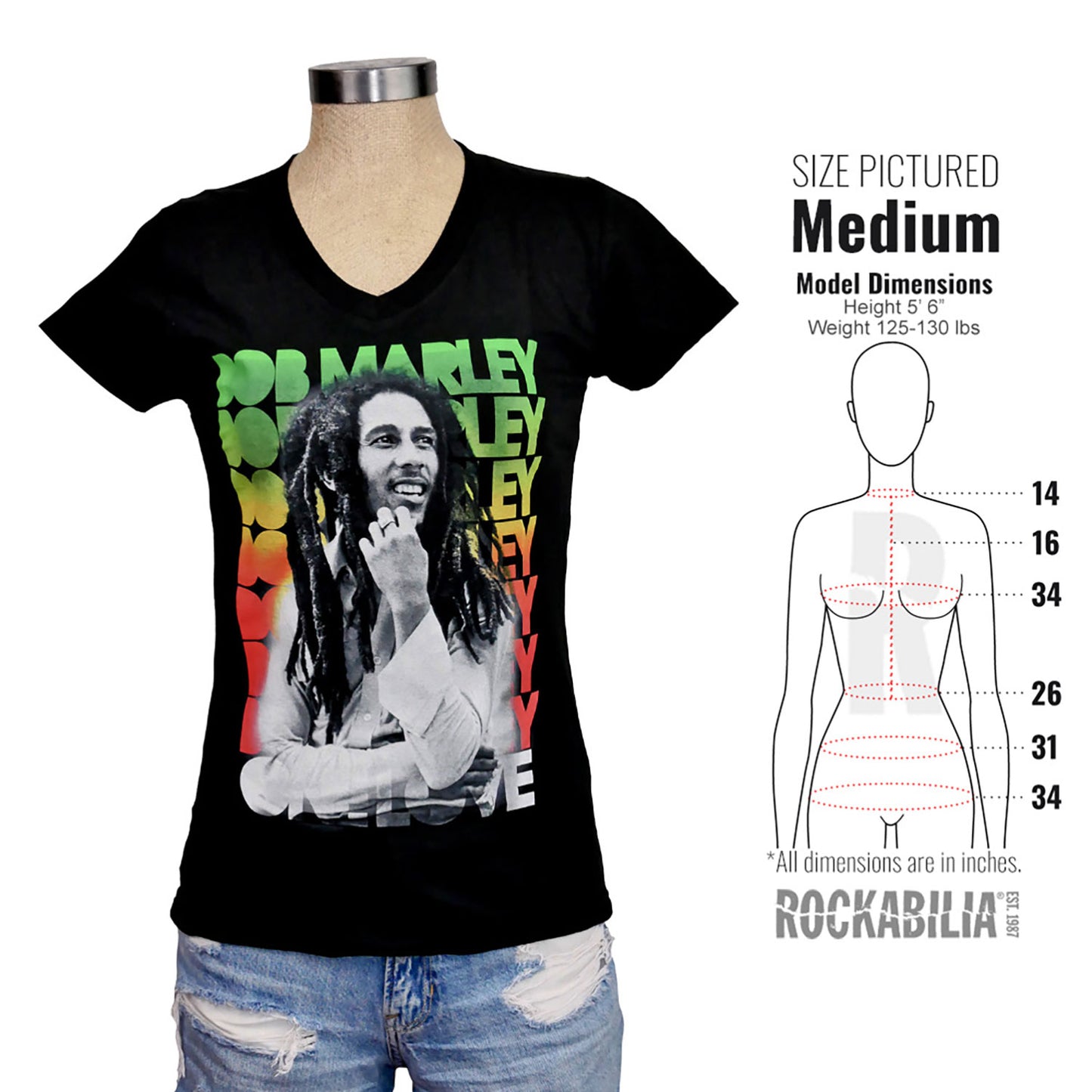 Bob Marley Block Rasta V Neck Women's T-Shirt Junior Top Alt 3