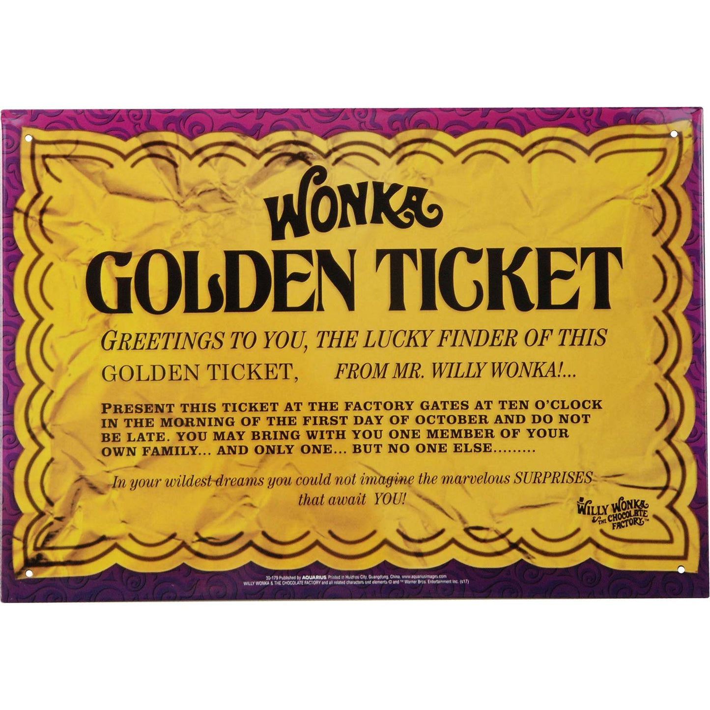 Willy Wonka & The Chocolate Factory Golden Ticket Tin Concert Sign