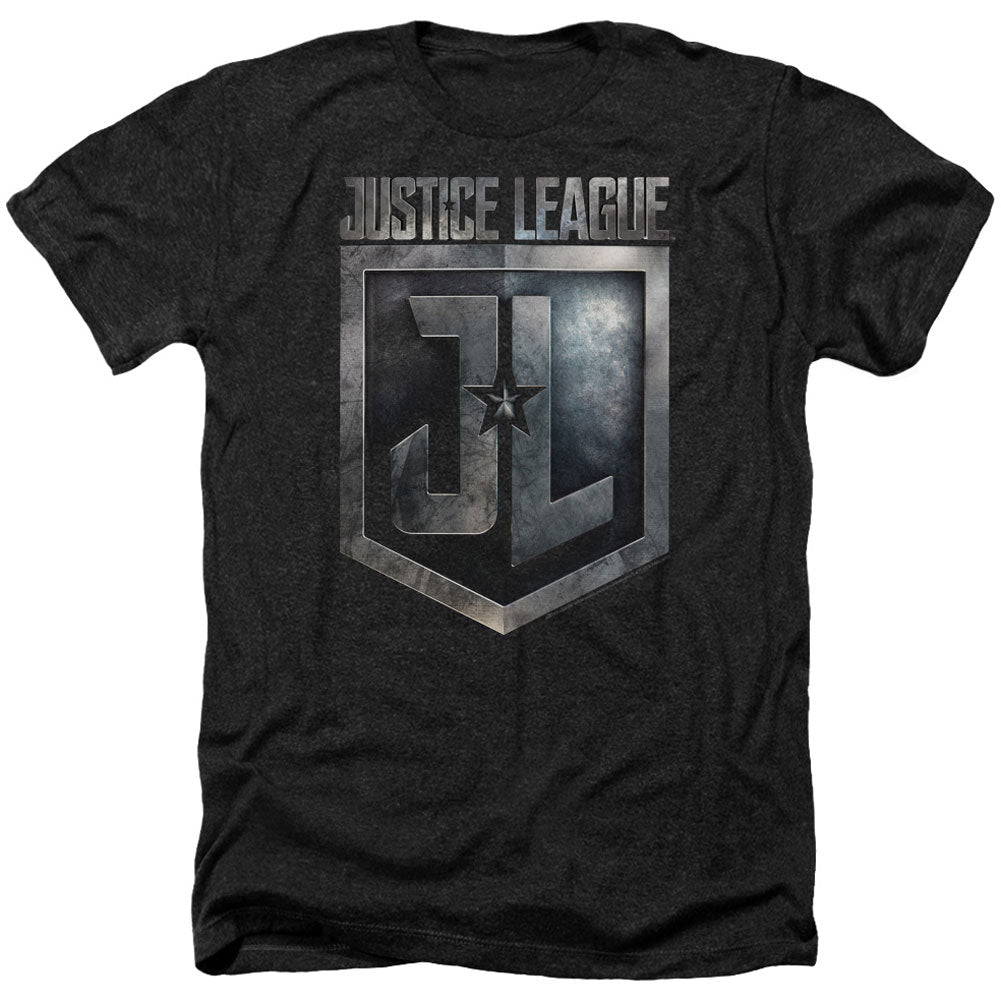 Justice League Shield Logo Adult Heather 40% Poly T-shirt Front