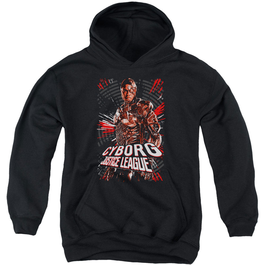 Justice League Cyborg Youth 50% Poly Hooded Sweatshirt Front