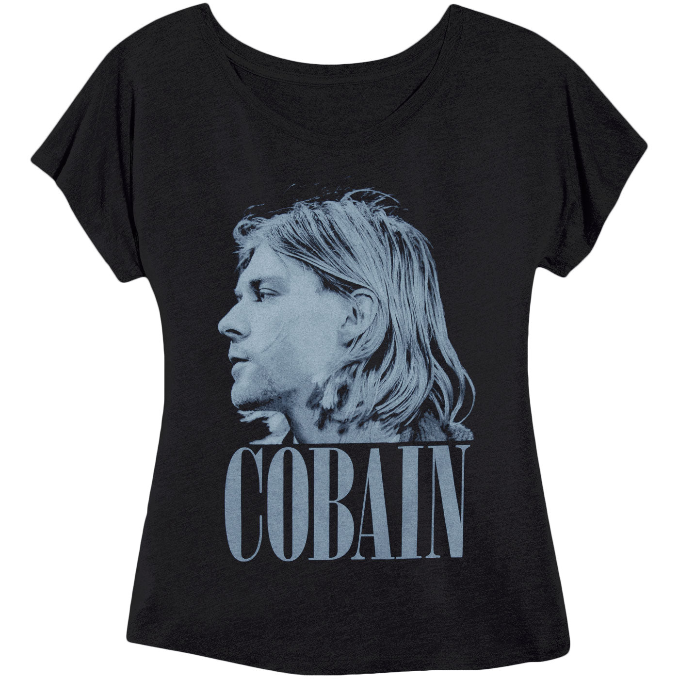 Nirvana Cobain Profile Sheer Black With X-tra Wide Scoop Neck Dolman Baby Doll Junior Top Front