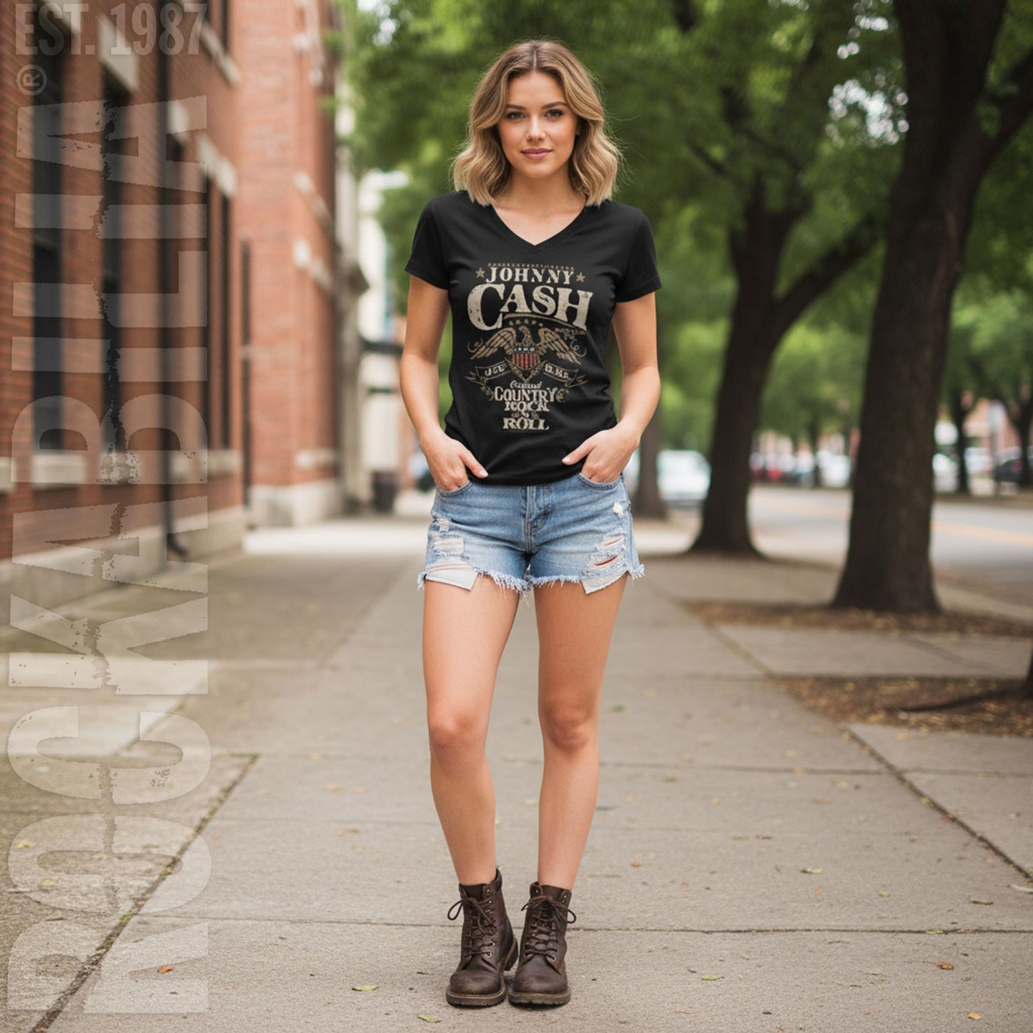 Johnny Cash Country Rock'n Roll Women's V-neck Junior Top Alt 2