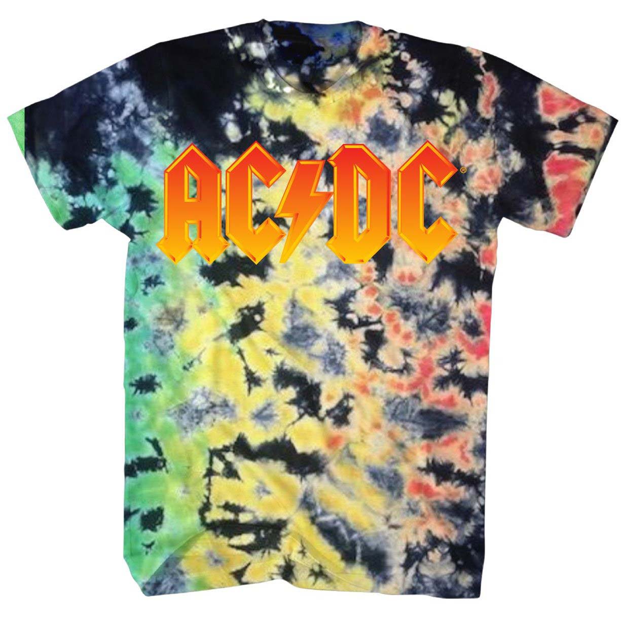 AC/DC Soft Hand Screen Print Over Multicolor Wash Tie Dye T-shirt Front