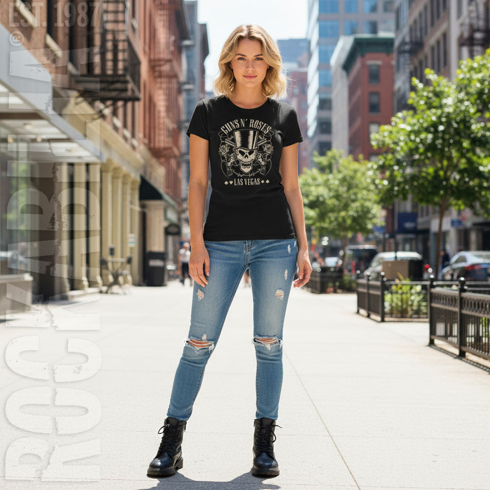 Guns N Roses Top Hat, Skull & Pistols Las Vegas Ladies T-Shirt Junior Top Alt 2