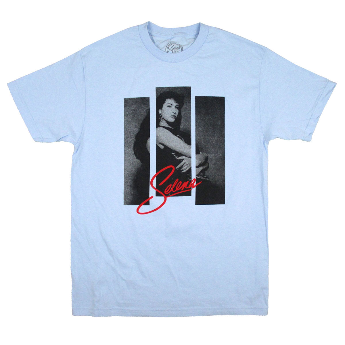 Selena 3 Strips Photo on Light Blue Tee T-shirt Front