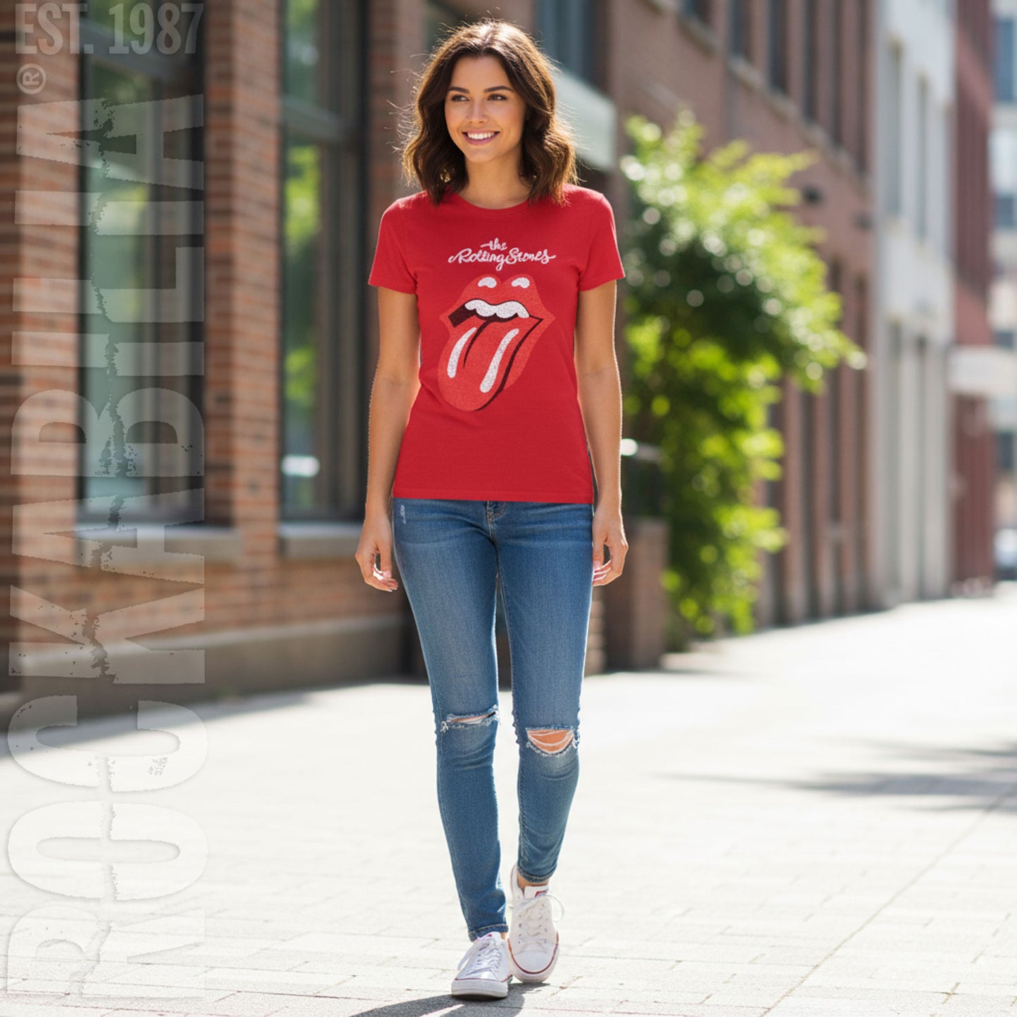 Cracked Logo & Tongue on Red Women's Tee Junior Top