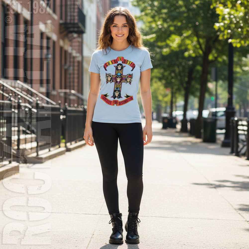 Guns N Roses Colored Cross on Light Blue Women's Tee Junior Top Alt 2