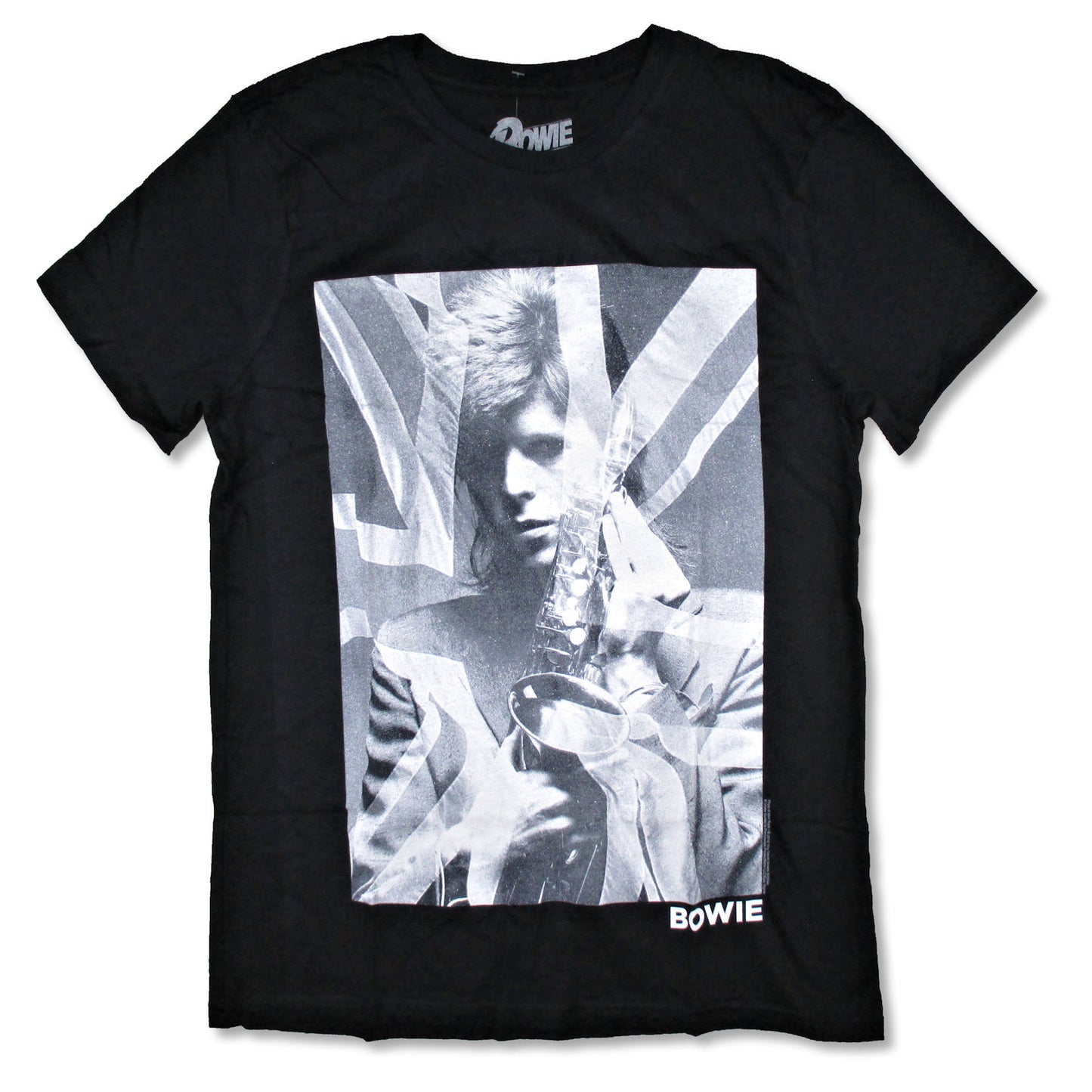 David Bowie Black And White Flag Saxophone Portrait T-shirt Front
