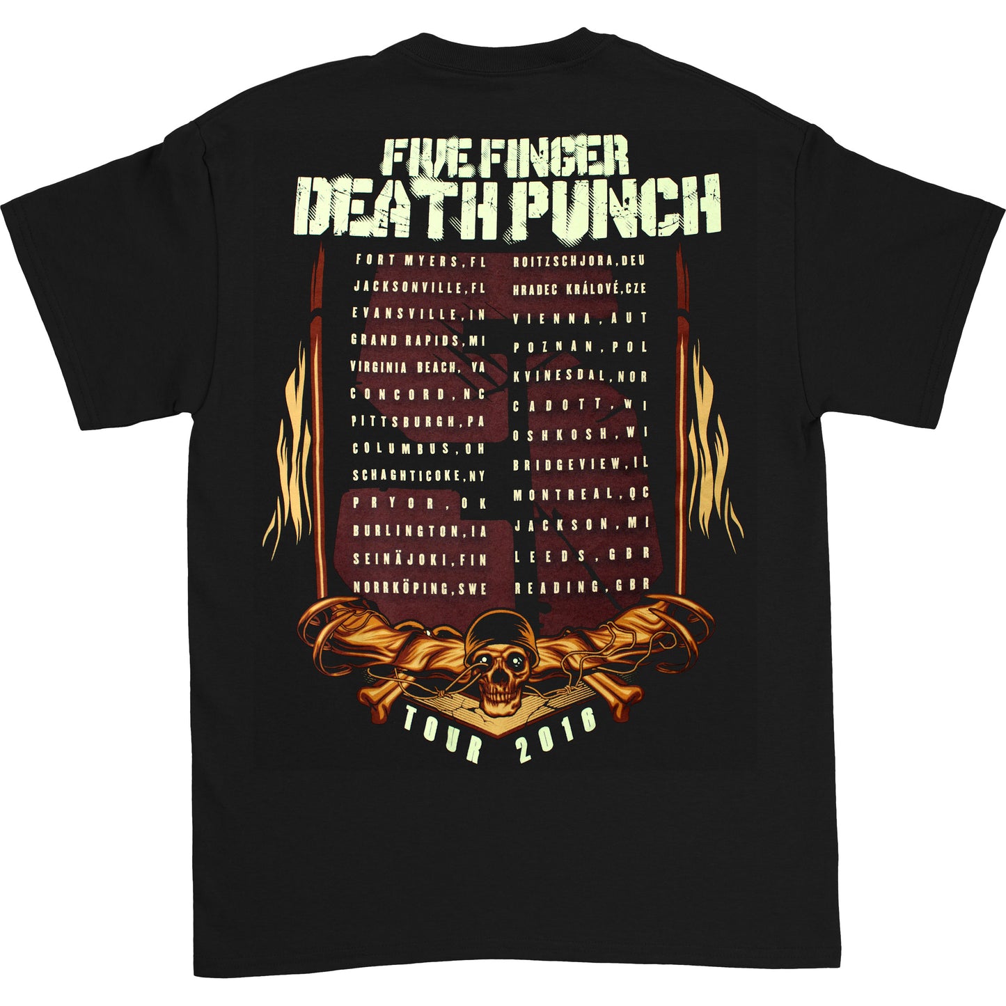 Five Finger Death Punch No Sudden Movement 2016 Tour Fort Meyers- United Kingdom Dates T-shirt Back