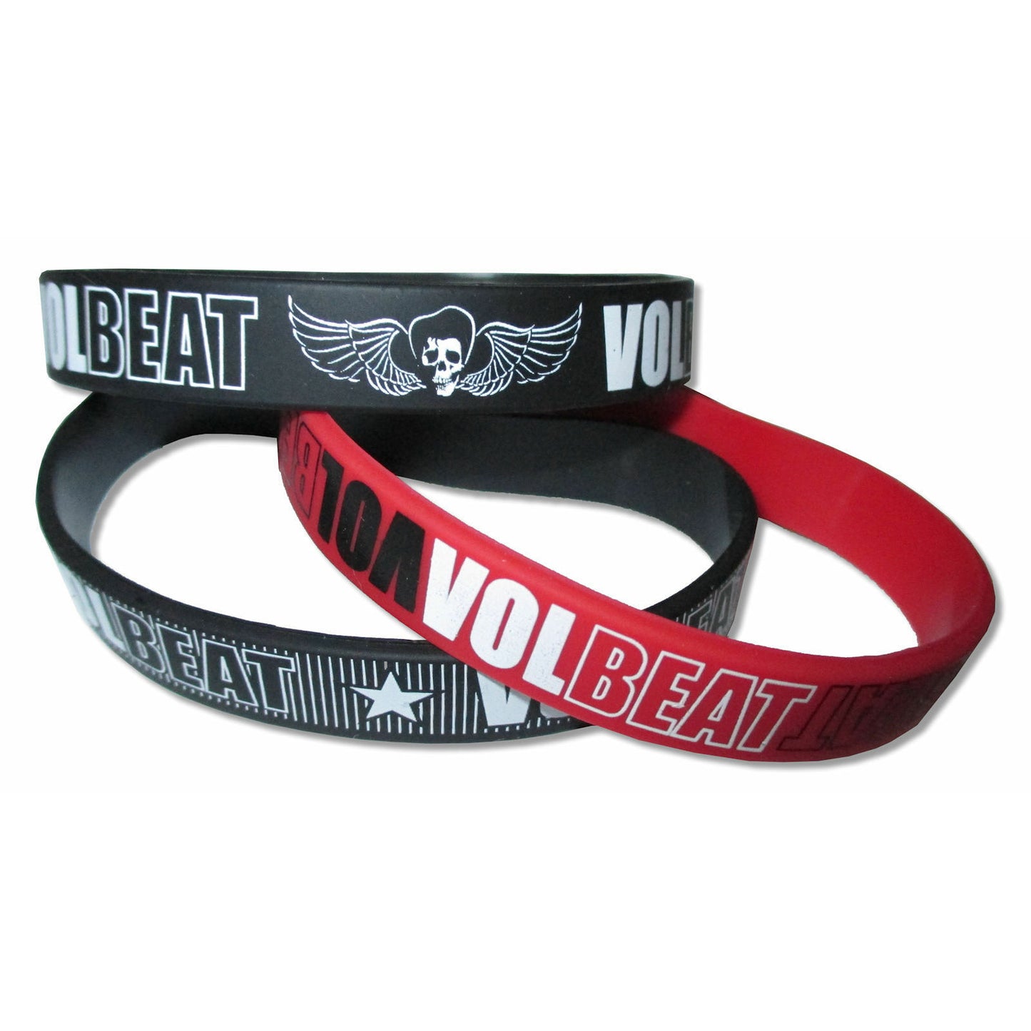 Volbeat Winged Skull Logo 3 Piece Black / Red / Black Silicone Wristband Set Rubber Bracelet Front