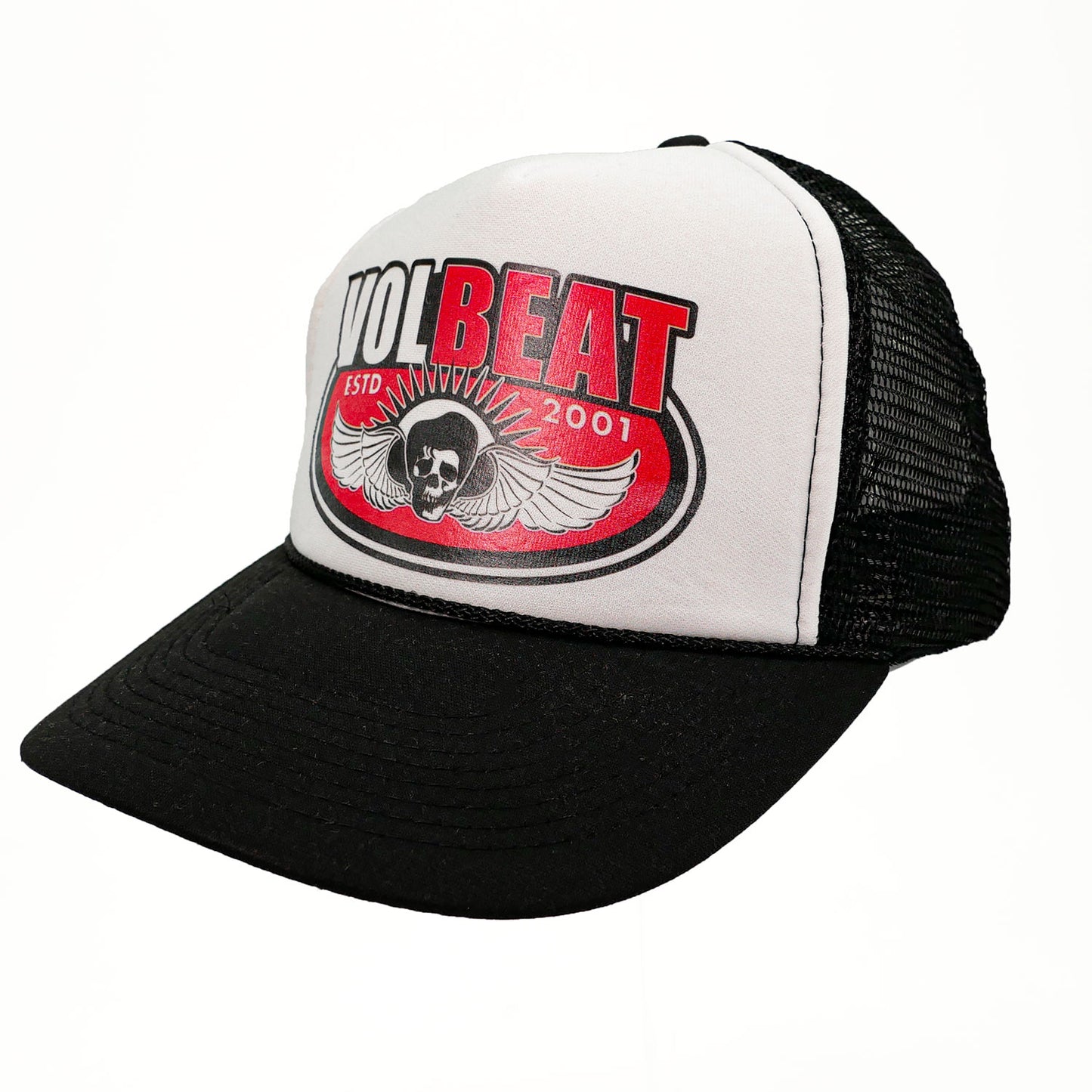 Volbeat Estd 2001 Red Wings Logo White And Black Truckers Cap Trucker Cap Front