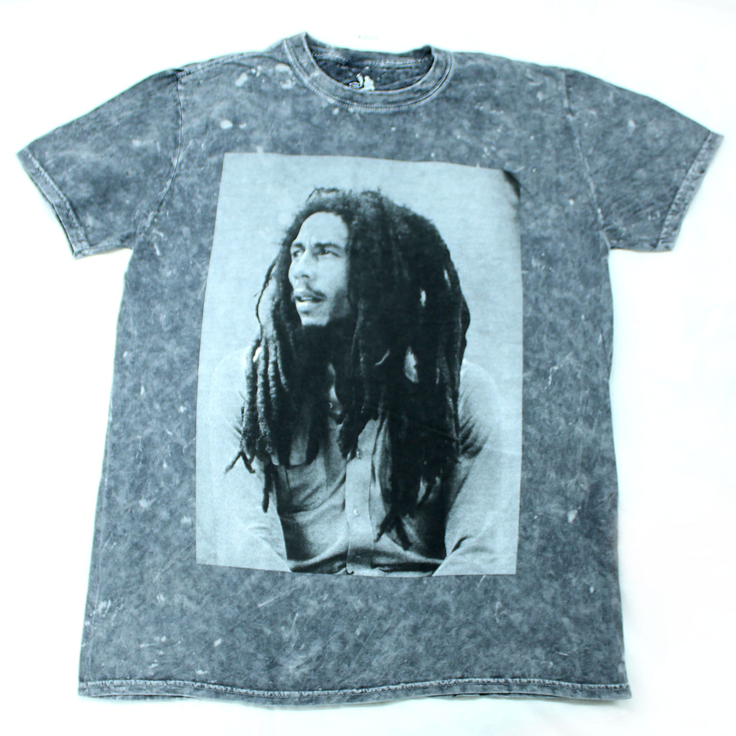 Boxed Black & Grey Chest Up Bob Marley Photo On Mineral Wash Tee Tie Dye T-shirt Front