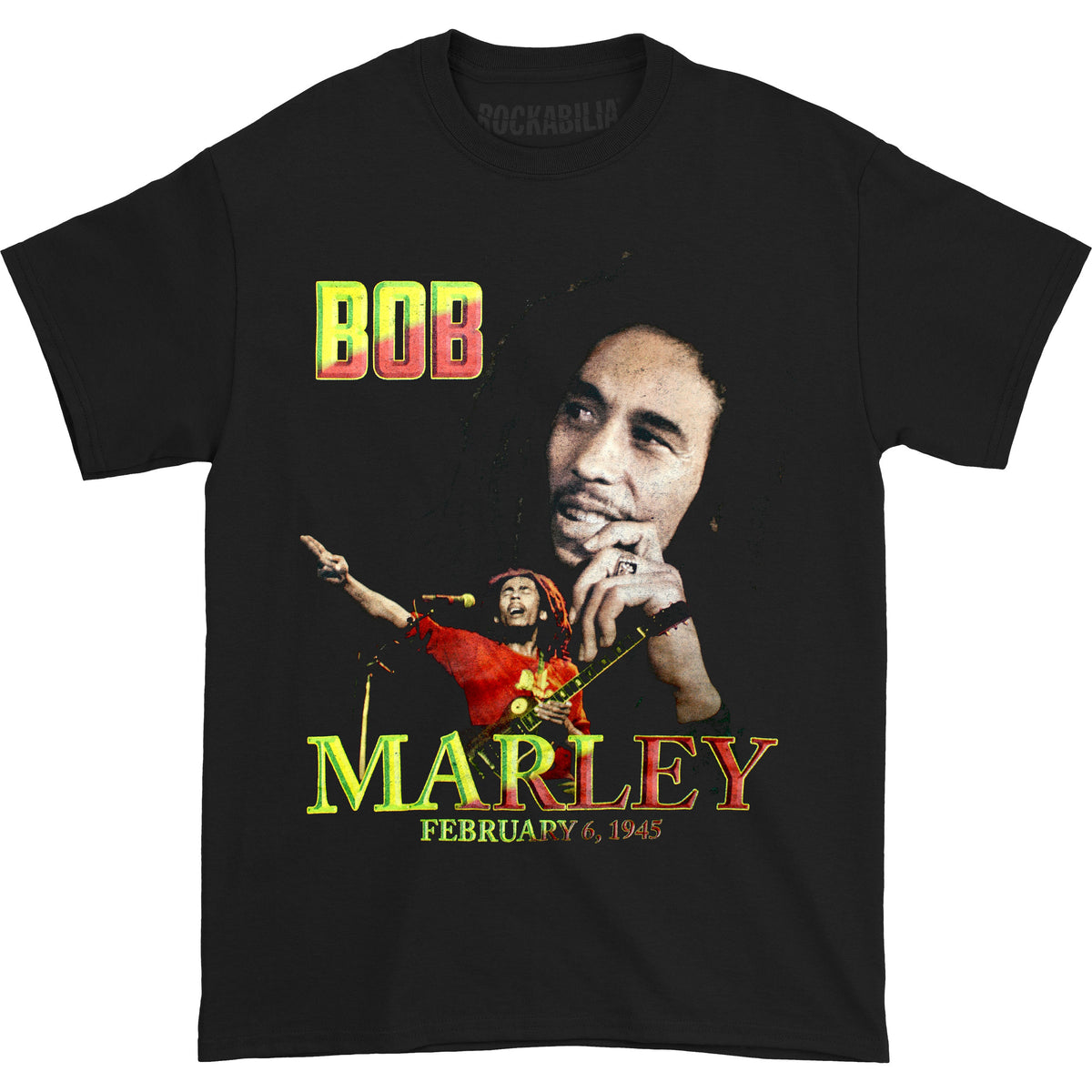 Bob Marley February 6, 1945 Logo & Photos T-shirt Front