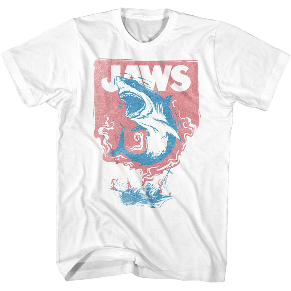 Jaws Shark And Boat Fire T-shirt Front