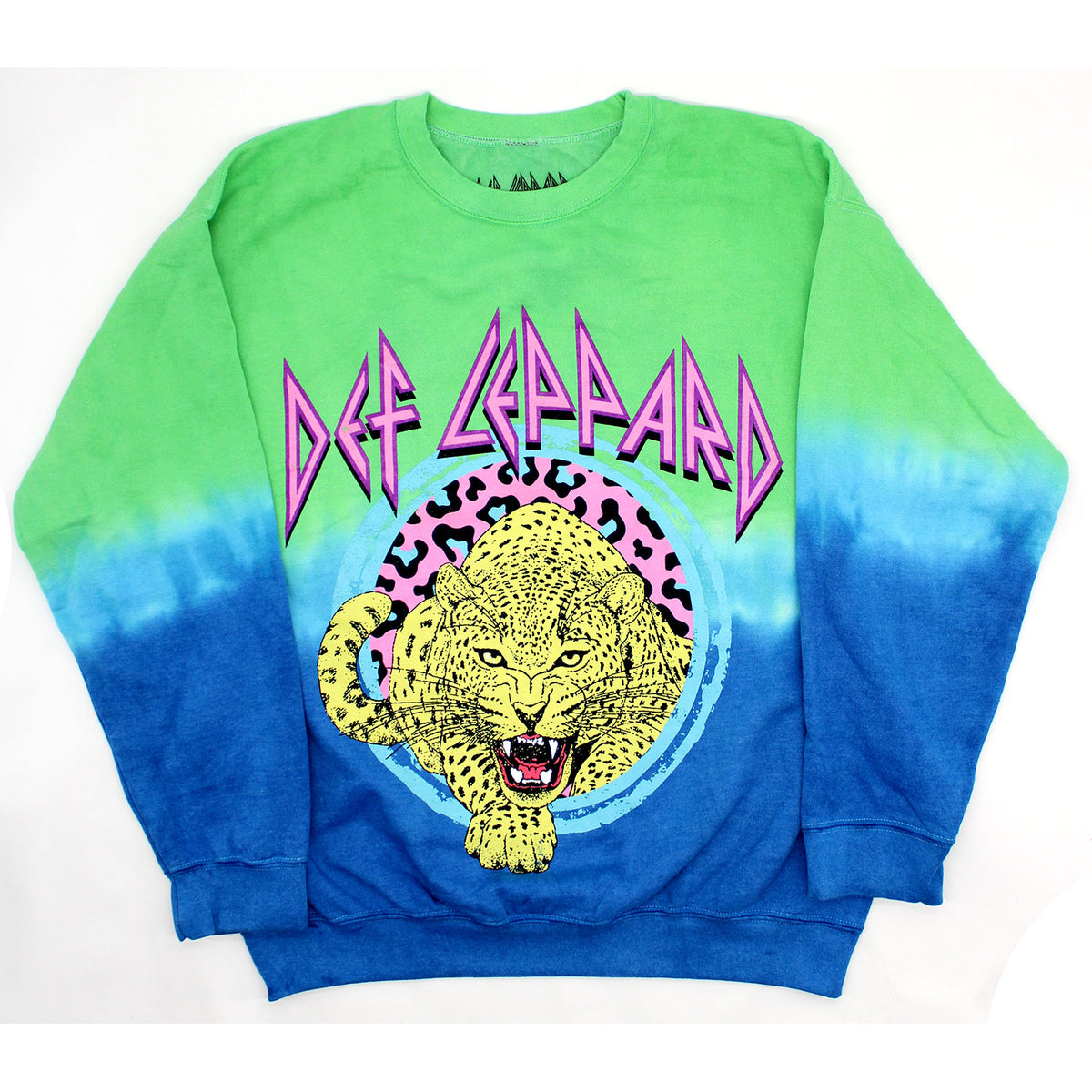 Def Leppard Leopard Tie Dye Crew Neck Fleece (Gradient Green & Blue) Sweatshirt Front