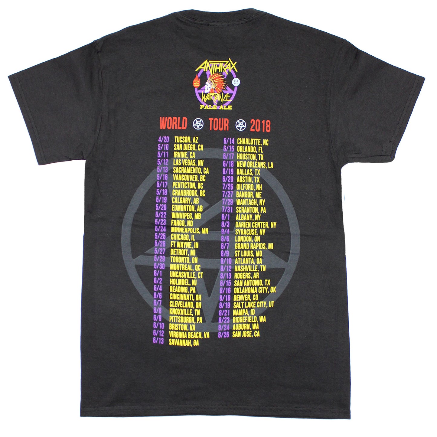 Anthrax Original War Dance Pale Ale 2018 World Tour Concert (2nd Leg) T-shirt Back