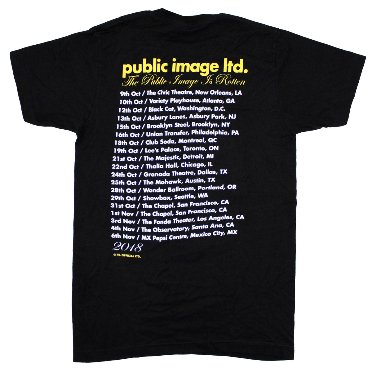 Pil Public Image LTD Yellow Logo 2018 Tour Tee T-shirt Back