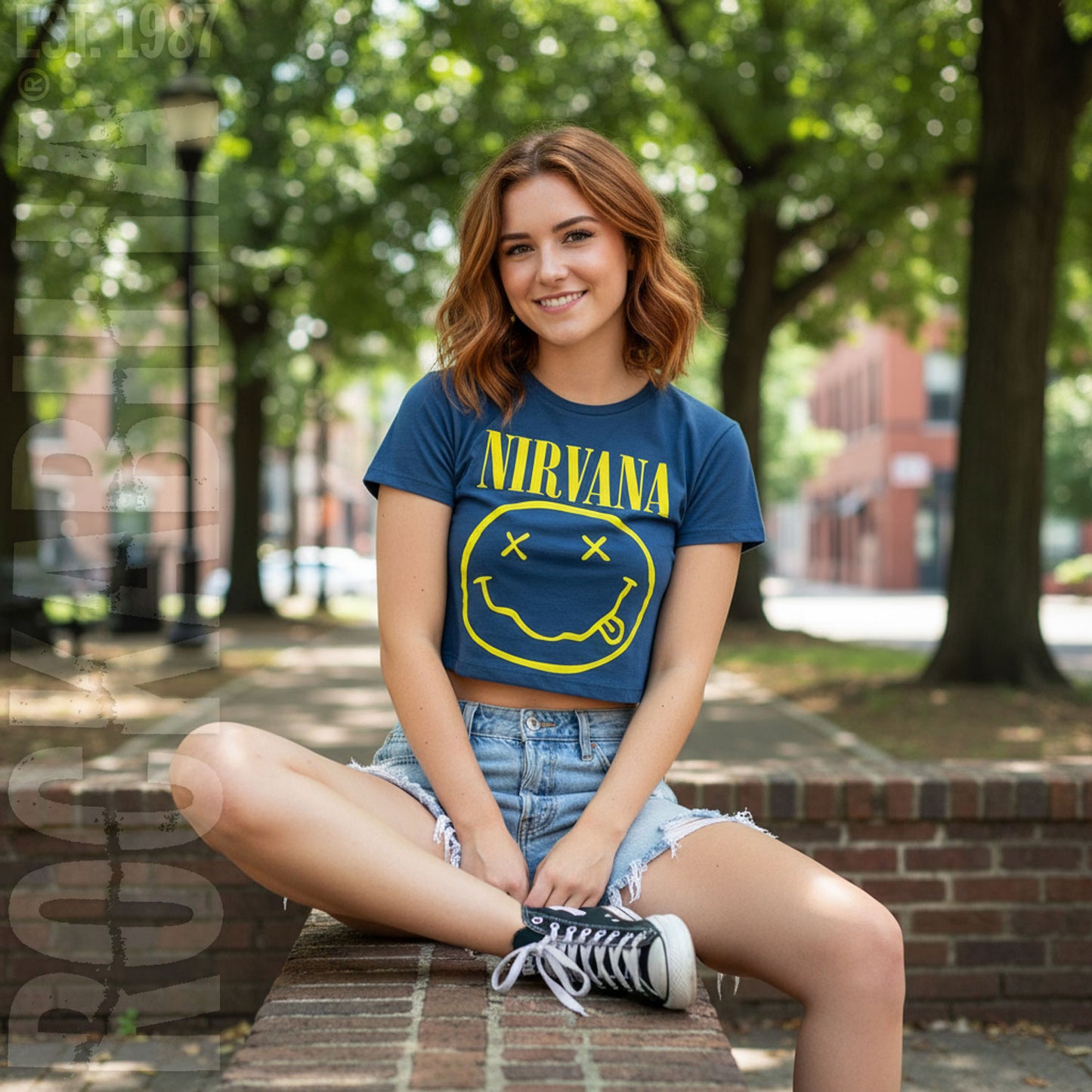 Nirvana Yellow Smiley Flower Sniffin Ladies Crop Top Junior Top Alt 2