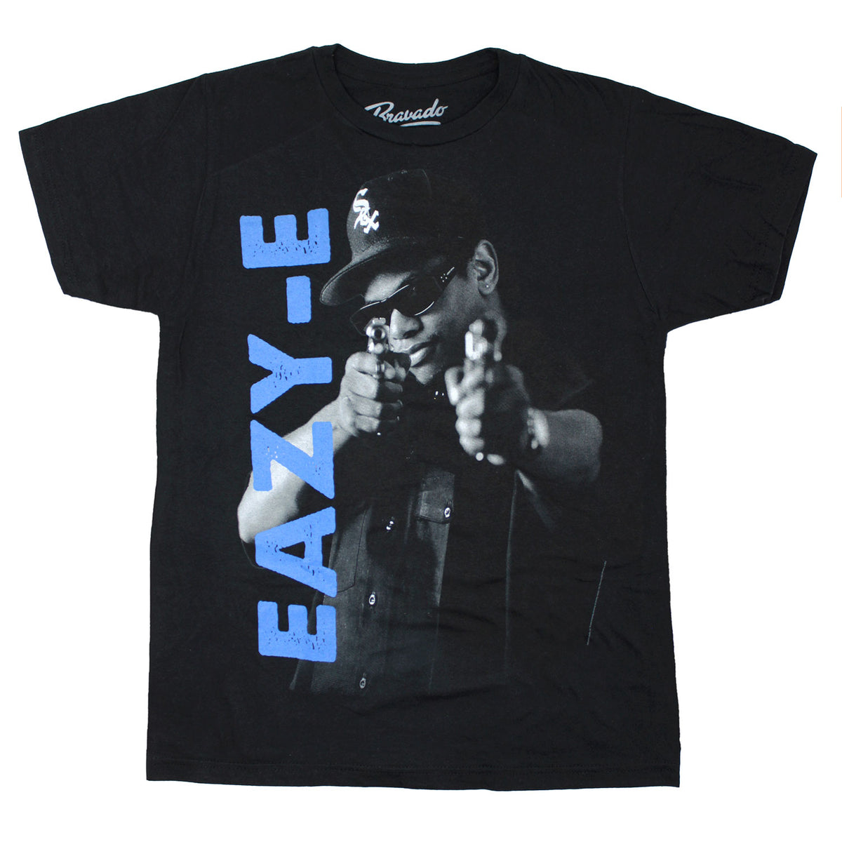 Eazy E Blue Vertical Logo & Black & Grey Pointing Gun Photo T-shirt Front