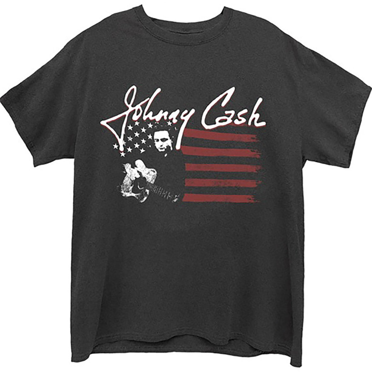 Johnny Cash Red, Black & White American Flag Logo & Photo T-shirt Front