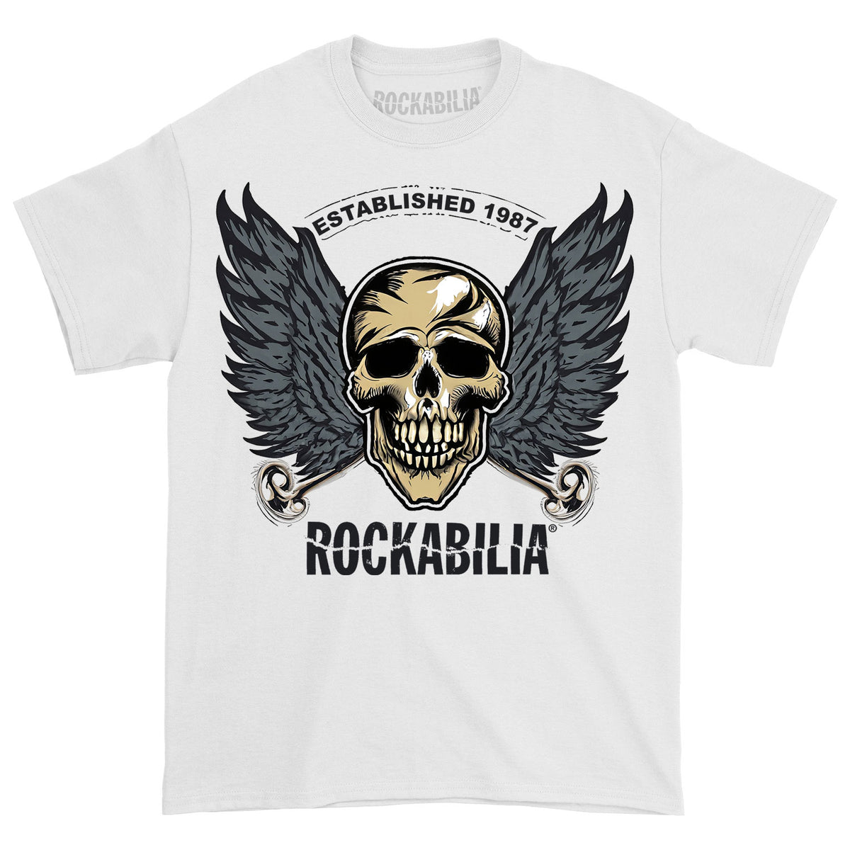 Rockabilia Skull Wings 1987 White T-shirt Front