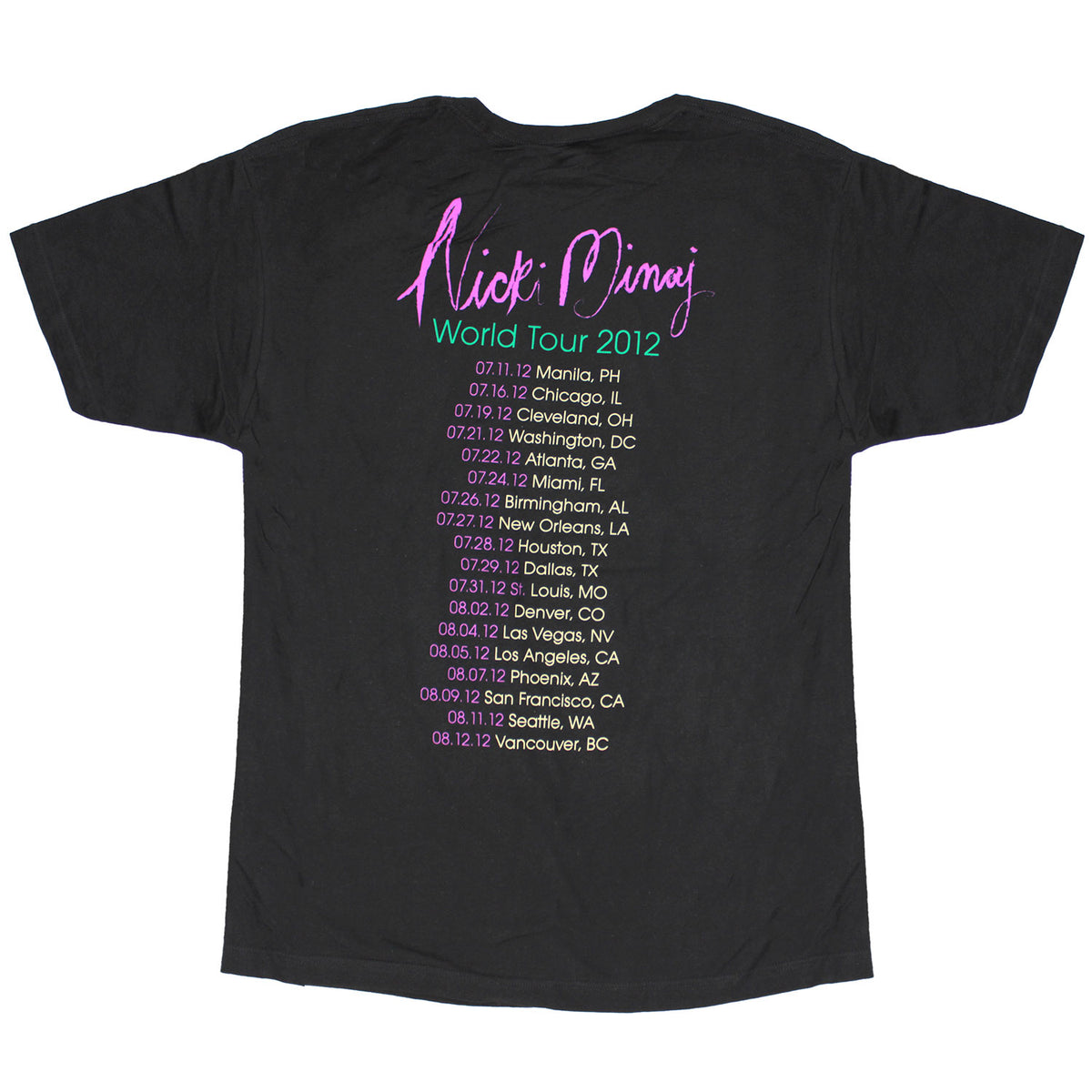Nicki Minaj World Tour 2012 City Info Manila - Vancouver T-shirt Back