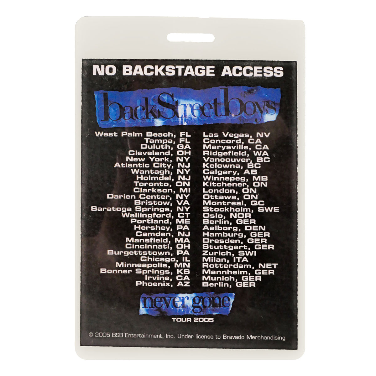 Backstreet Boys never gone Tour 2005 Laminated Backstage Pass Back