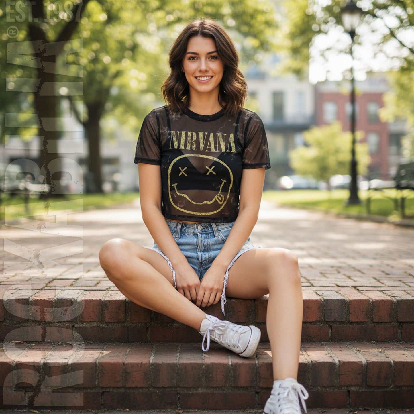 Nirvana Yellow Happy Face Ladies Mesh Crop Top Junior Top Alt 2