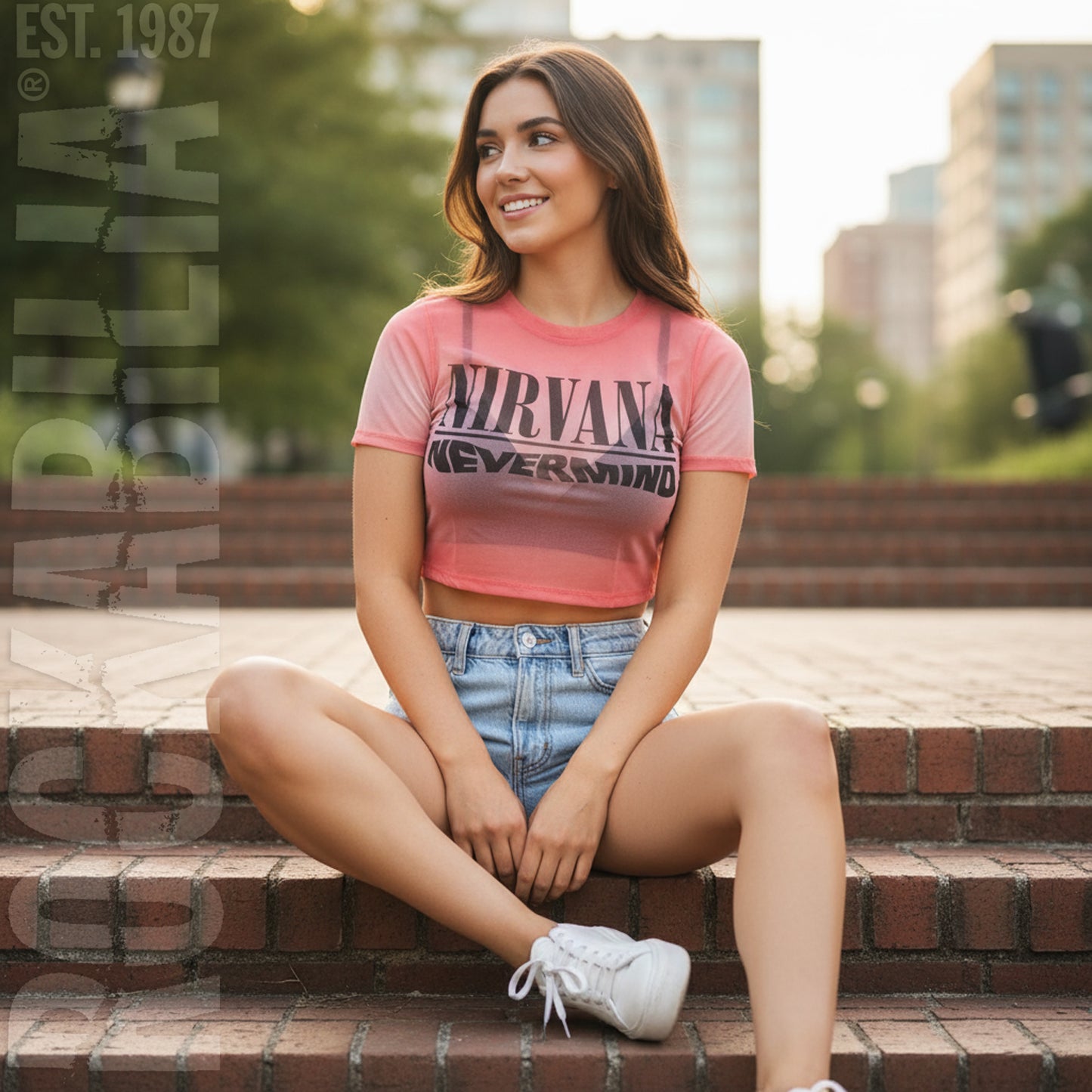 Nevermind Wavy Logo Ladies Mesh Crop Top Junior Top