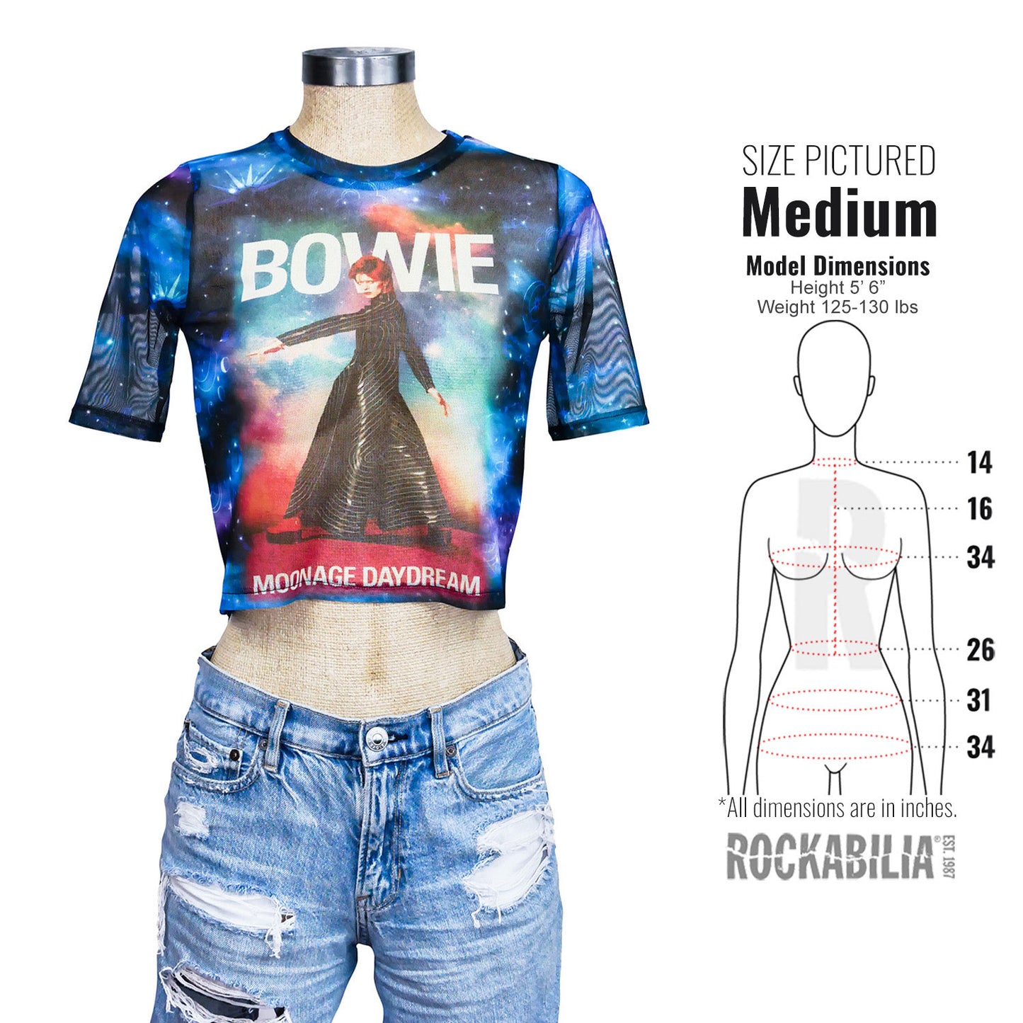 David Bowie Moonage 11 Fade Ladies Mesh Crop Top Junior Top Alt 3